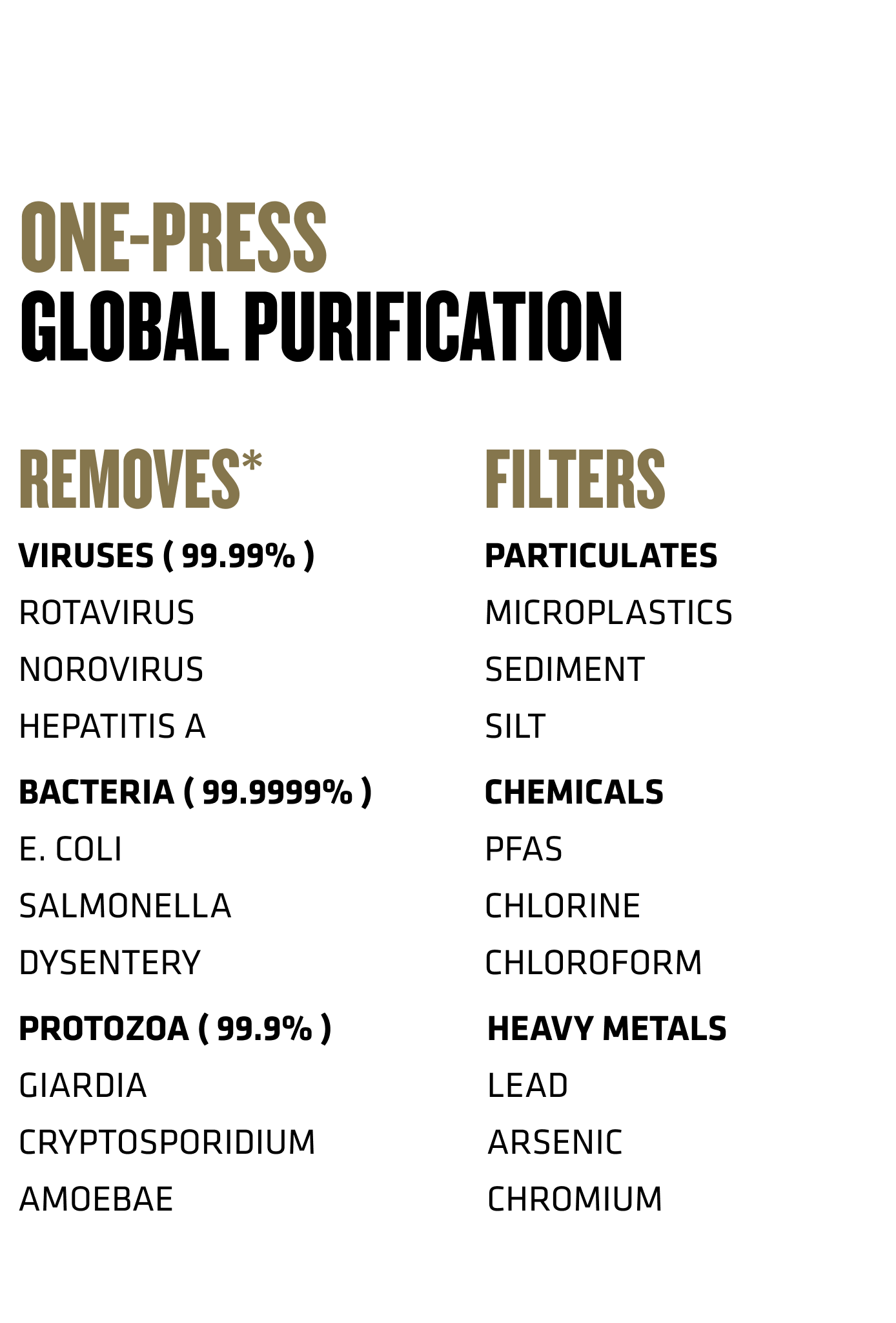 One-Press Global Purification removes viruses(99.99%), bacteria (99.9999%), Protozoa (99.9%); filters particulates, chemicals, heavy metals